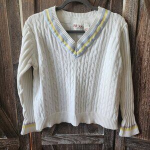 RUSS Liz Claiborne V-Neck White Tennis Sweater Women's Size XL Preppy Cable Knit